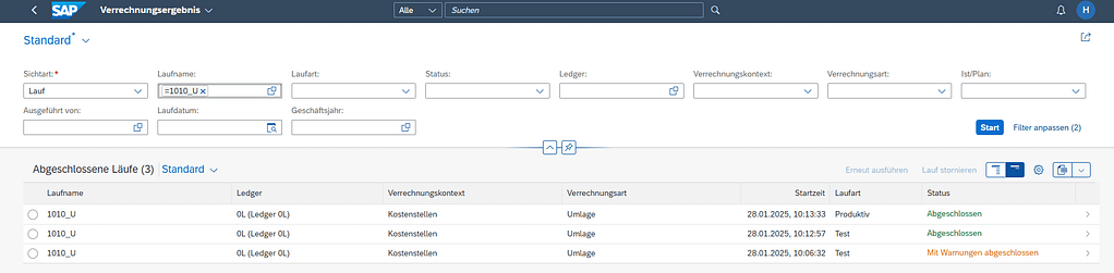 Screenshot der SAP S/4HANA Universal Allocation App ‚Verrechnungsergebnisse‘ mit detaillierter Darstellung der Allokationsergebnisse und Transparenz über Kostenflüsse