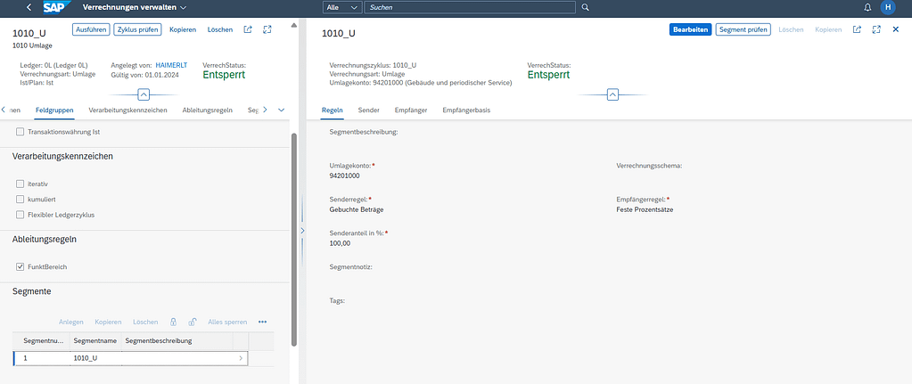 Screenshot der SAP S/4HANA Universal Allocation App ‚Verrechnungen verwalten‘ mit Übersicht über Kostenstellen, Verrechnungszyklen und Allokationsregeln