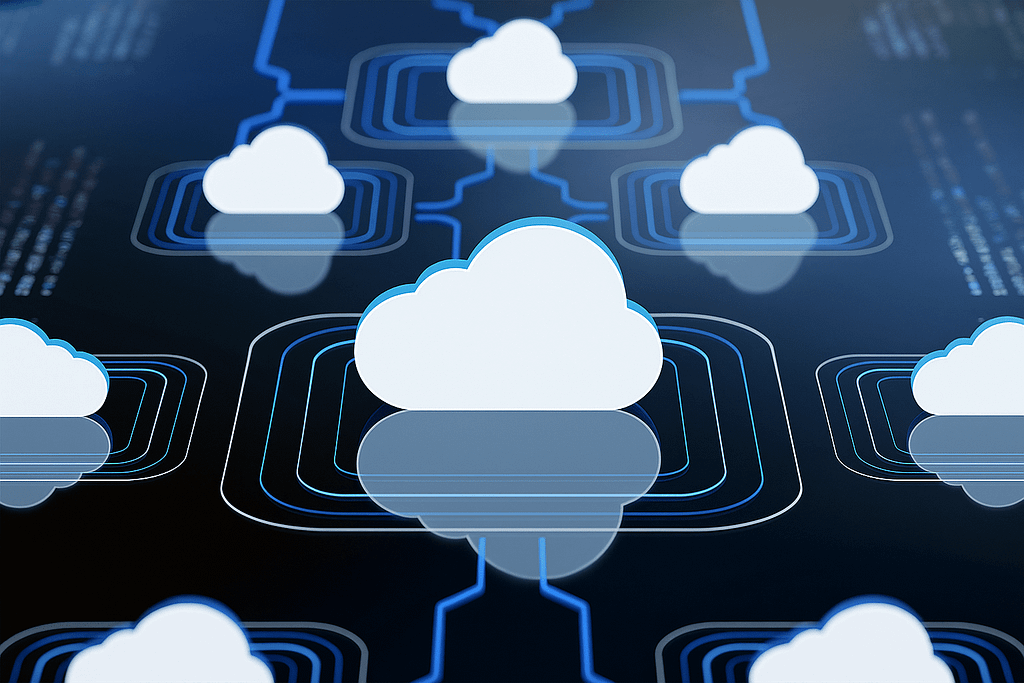 Futuristische Cloud-Grafik für Cloud-ERP, Prozessautomatisierung, vernetzte Systeme und moderne SAP S/4HANA Public Cloud Implementierung durch XEPTUM.