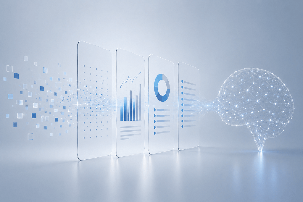 Abstrakte Visualisierung für wissensbasierte Entscheidungen: ERP-Daten und Unternehmenswissen werden durch KI analysiert und zu fundierten Handlungsempfehlungen verknüpft.