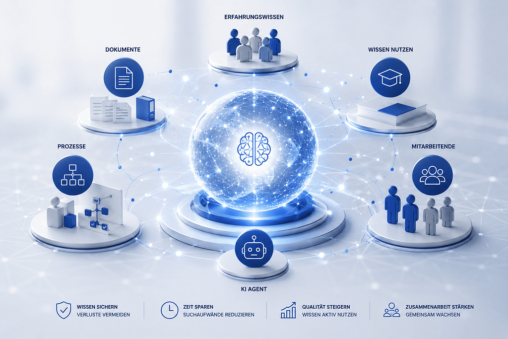 Visualisierung für KI-basiertes Wissensmanagement mit zentralem Wissenshub, der Dokumente, Prozesse, Erfahrungswissen, Mitarbeitende und einen KI-Agenten intelligent miteinander vernetzt.