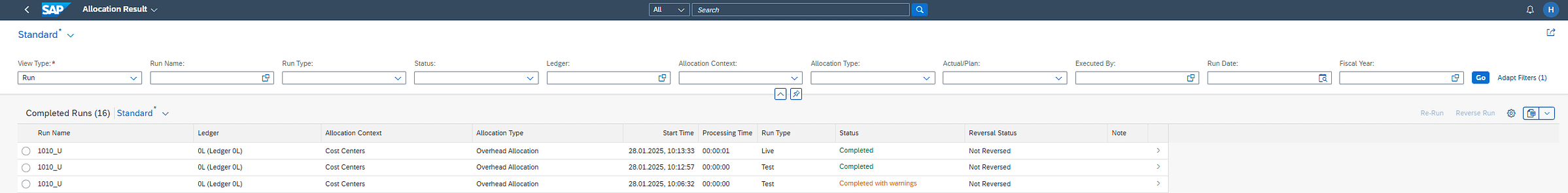 Screenshot of the SAP S/4HANA Universal Allocation app 'Allocation Results' with a detailed display of allocation results and transparency regarding cost flows