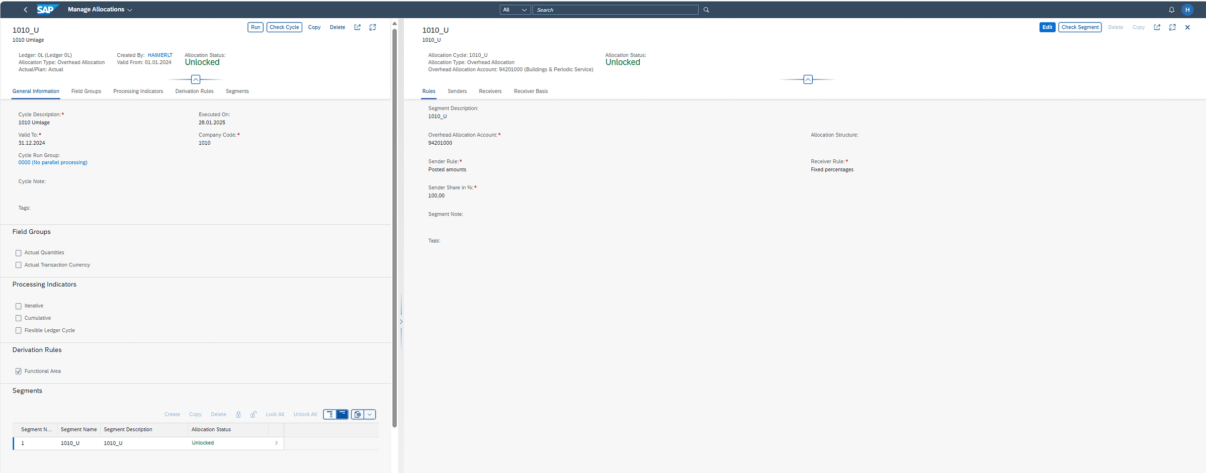 Screenshot of the SAP S/4HANA Universal Allocation app 'Manage Allocations' with an overview of cost centers, allocation cycles, and allocation rules