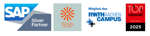 Auszeichnungen und Partnerschaften von XEPTUM wie SAP Silver Partner, IPAI Mitgliedschaft, RWTH Aachen Campus und TOP Consultant 2025